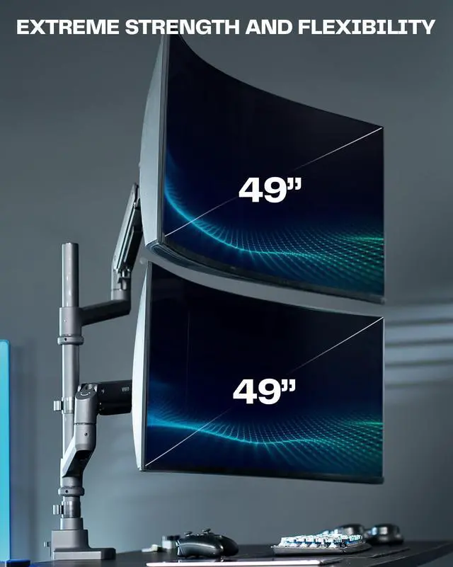 Alt view image 2 of 6 - Pneumatic Arm Dual Ultrawide Monitor Extra Tall Desk Mount for Up to 49 inch Screens, Heavy Duty Clamp, Holds 2 Ultra Wides Up to 44 lbs, Black, STAND-V120K