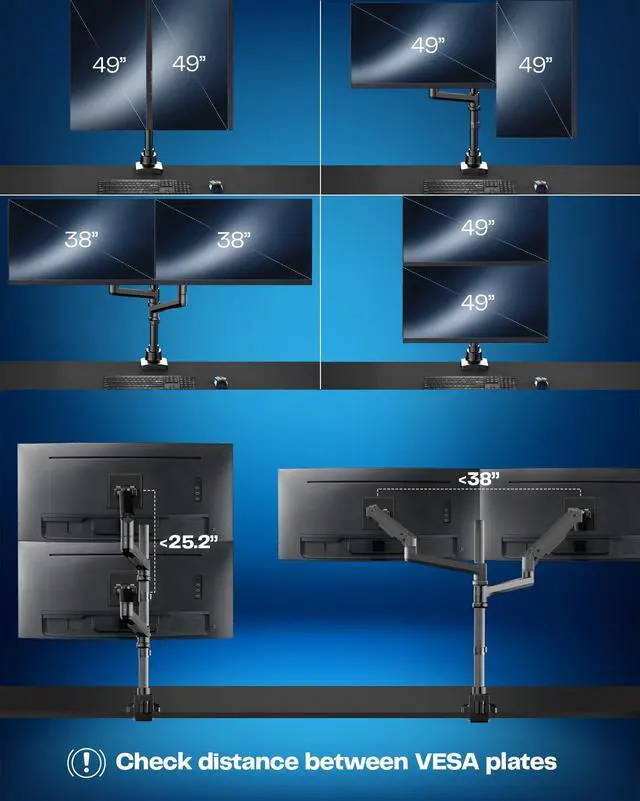 Alt view image 4 of 6 - Pneumatic Arm Dual Ultrawide Monitor Extra Tall Desk Mount for Up to 49 inch Screens, Heavy Duty Clamp, Holds 2 Ultra Wides Up to 44 lbs, Black, STAND-V120K