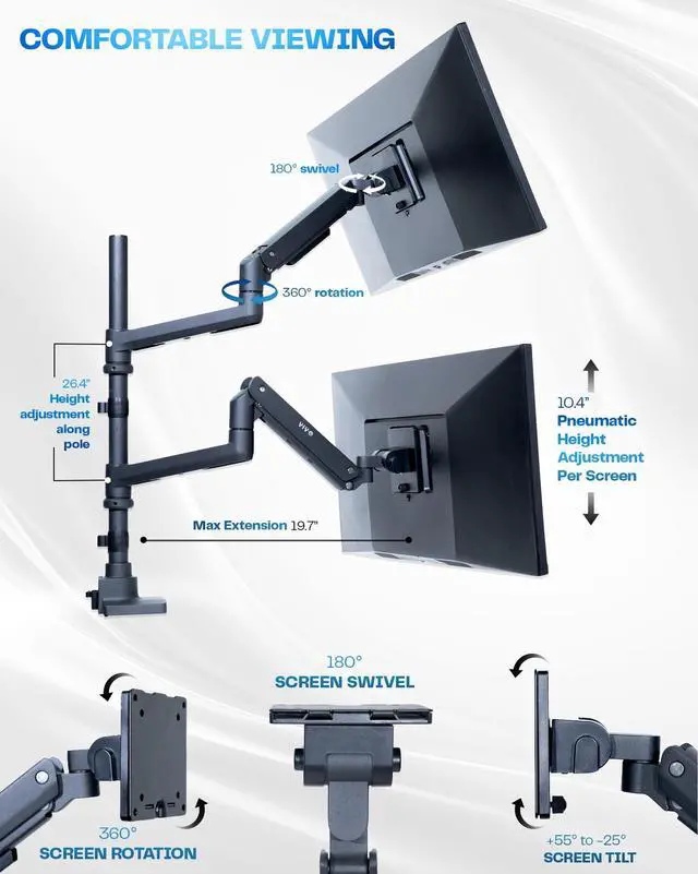 Alt view image 5 of 6 - Pneumatic Arm Dual Ultrawide Monitor Extra Tall Desk Mount for Up to 49 inch Screens, Heavy Duty Clamp, Holds 2 Ultra Wides Up to 44 lbs, Black, STAND-V120K