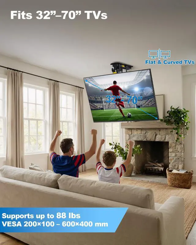 Alt view image 3 of 6 - Electric Ceiling TV Mount with Remote, Motorized Drop Down TV Ceiling Mount for 3270 Inch Flat & Curved TVs, Up to 88 lbs, VESA 600x400, Fits Flat & Pitched Ceilings, Black