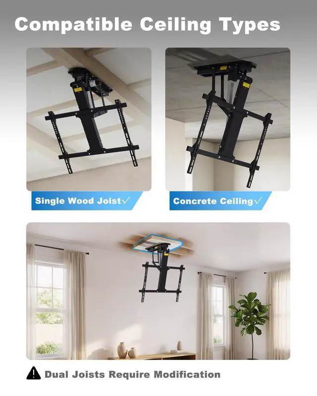 Alt view image 4 of 6 - Electric Ceiling TV Mount with Remote, Motorized Drop Down TV Ceiling Mount for 3270 Inch Flat & Curved TVs, Up to 88 lbs, VESA 600x400, Fits Flat & Pitched Ceilings, Black
