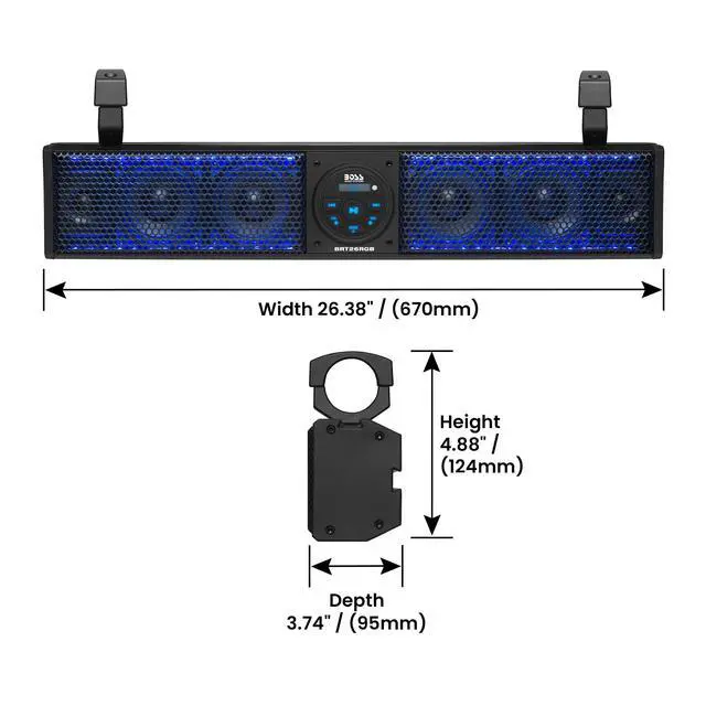 Alt view image 6 of 6 - BRT26RGB IPX5 Weatherproof Bluetooth ATV Sound Bar - 26 Inches Wide, 4 inch Speakers, Tweeters, Amplified, Multicolor Illumination