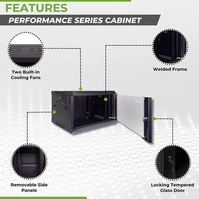 Alt view image 2 of 6 - 6U Server Cabinet Wall Mount Rack Enclosure Includes 2 Fans, Locking Glass Door, Removable Side Panels 6U Network Cabinet 17.7 Deep, 19 Inch Server Rack for IT and A/V Equipment