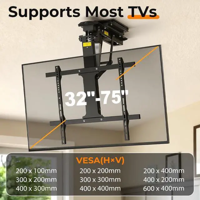 Alt view image 2 of 6 - 360° Manual Swivel Electric Flip Down TV Mount for 3275 Inch Flat/Curved Screens, Remote Control, 080° Electric Tilt, for Living Room, Bedroom, and Patio
