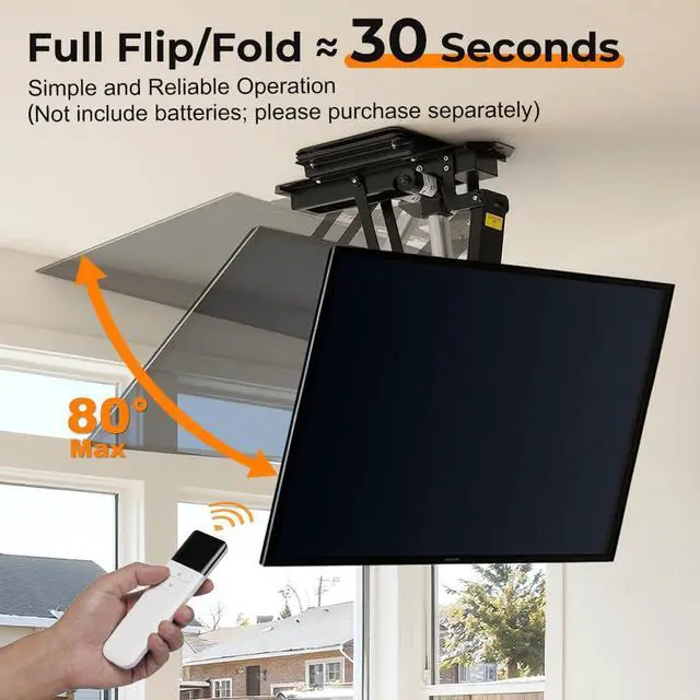 Alt view image 6 of 6 - 360° Manual Swivel Electric Flip Down TV Mount for 3275 Inch Flat/Curved Screens, Remote Control, 080° Electric Tilt, for Living Room, Bedroom, and Patio