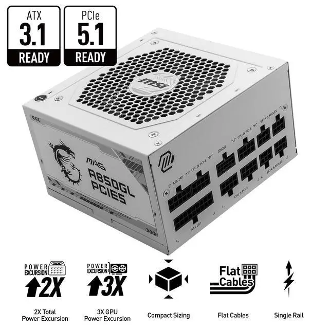 Alt view image 2 of 6 - MAG A850GL PCIE5 White, Fully Modular Compact Gaming 850W Power Supply, 80+ Gold, ATX 3.1 & PCIe 5.1 Ready, Native Dual-Color 12V-2x6 Cable