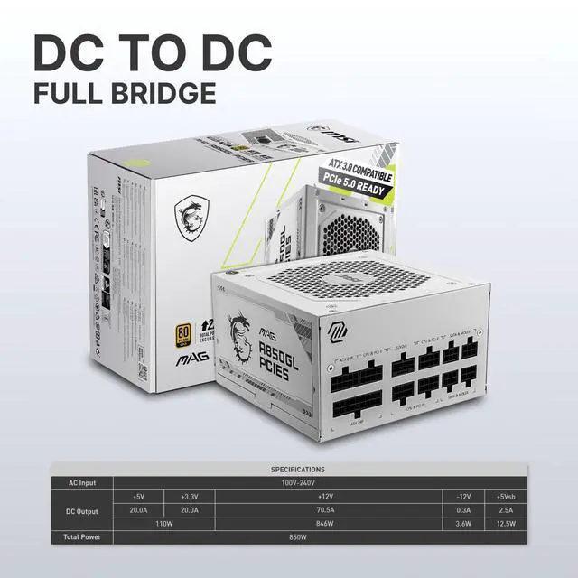 Alt view image 5 of 6 - MAG A850GL PCIE5 White, Fully Modular Compact Gaming 850W Power Supply, 80+ Gold, ATX 3.1 & PCIe 5.1 Ready, Native Dual-Color 12V-2x6 Cable