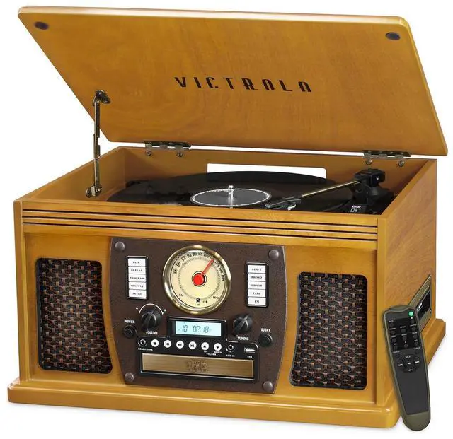 Main image of Navigator 8-in-1 Bluetooth Record Player with Built-in Speakers 3 Speed Turntable, CD Player, Cassette, FM Radio, USB, RCA Out, Headphone Jack, Wireless Music Streaming, Real Wood (Oak)