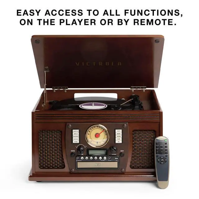 Alt view image 3 of 6 - Navigator 8-in-1 Bluetooth Record Player with Built-in Speakers 3 Speed Turntable, CD Player, Cassette, FM Radio, USB, RCA Out, Headphone Jack, Wireless Music Streaming, Real Wood (Oak)