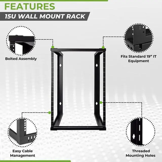 Alt view image 2 of 6 - 15U Wall Mount Rack - Server Rack for 19 Inch IT Equipment Open Frame Rack Network Rack for AV & Server Equipment 16 Deep Rack, Black