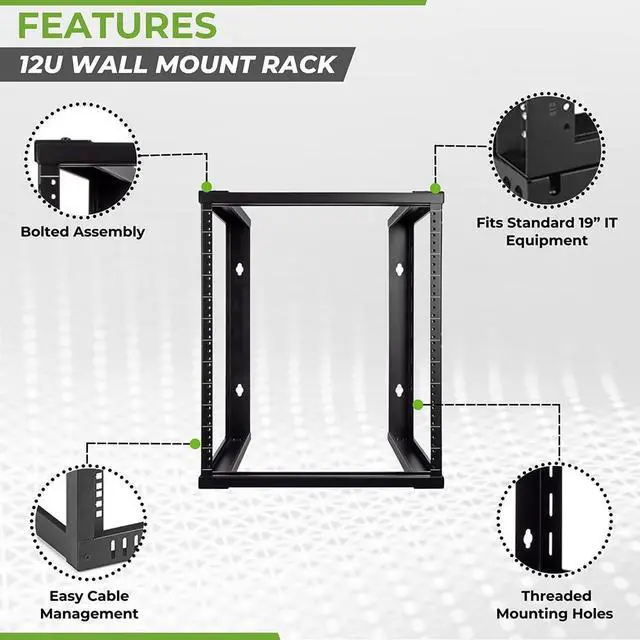 Alt view image 2 of 6 - 12U Wall Mount Rack - Server Rack for 19 Inch IT Equipment Open Frame Rack Network Rack for AV & Server Equipment 16 Deep Rack, Black
