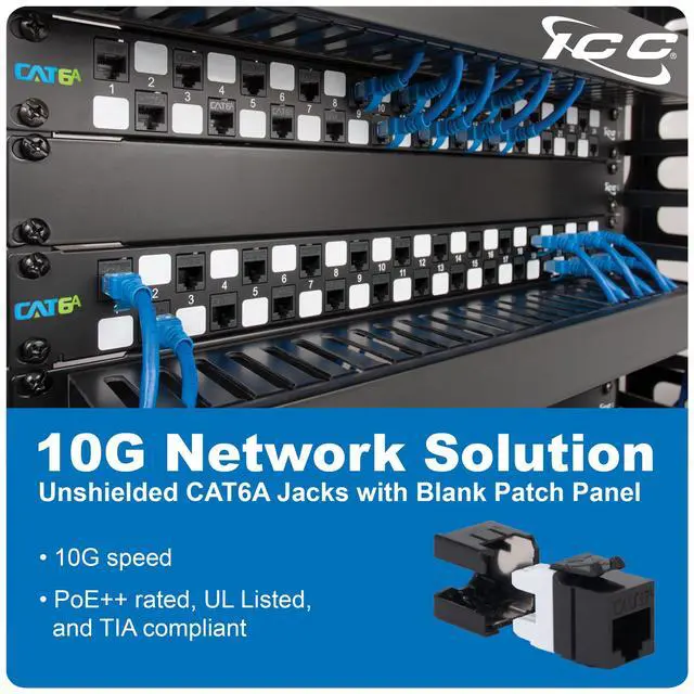 Alt view image 2 of 6 - 24-Port CAT6A Keystone 1U Patch Panel with CAT6A Keystone Jacks, 19 Rackmount Housing and Cable Support Bar, Staggered Ports to Reduce ANEXT, UL Listed PoE++ Compliant, ICMPP246AU