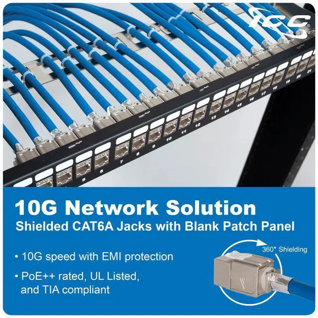 Alt view image 2 of 6 - 24-Port CAT6A Keystone Shielded 1U Patch Panel with CAT6A Shielded Keystone Jacks, 19 Rackmount Housing and Cable Support Bar, Protects Against EMI, UL Listed PoE++ Compliant, ICMPP246AS