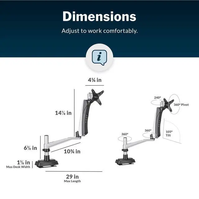 Alt view image 6 of 6 - Single Monitor Arm - VESA Monitor Mount w/ 360 Degree Adjustment - Monitor up to 27 inches, 19.8 lbs - Single Monitor Mount with Full Adjustability - Computer Monitor Stand for Home or Office
