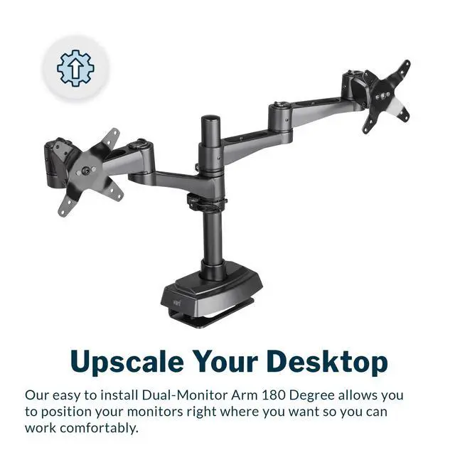 Alt view image 2 of 6 - Dual Monitor Arm 180 Degree - VESA Compatible Mount w/ 180 Degree Adjustment - Monitors up to 27 inches, 19.8 lbs - Double Arms for Compact Spaces - Computer Monitor Stand for Home or Office