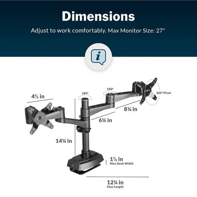Alt view image 6 of 6 - Dual Monitor Arm 180 Degree - VESA Compatible Mount w/ 180 Degree Adjustment - Monitors up to 27 inches, 19.8 lbs - Double Arms for Compact Spaces - Computer Monitor Stand for Home or Office