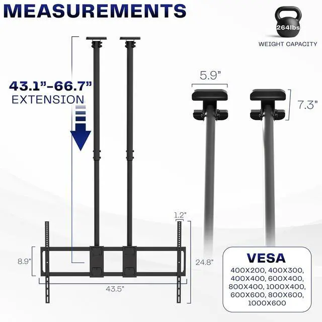 Alt view image 4 of 6 - Ceiling TV Mount for 60 to 120 inch Screens, Telescoping Height Adjustment with Dual 5.5ft Extension Poles, Fits Pitched/Vaulted Roof, Holds 264 lbs, Black, MOUNT-VC120-5
