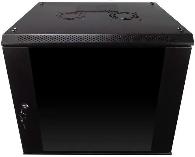 Main image of 9U Server Rack Enclosure with Glass Door, Cooling Fan, Locks, & Removable Side Panels - 9U Wall Mount Network Cabinet 19 Inch Rack 17.7 Inches Deep