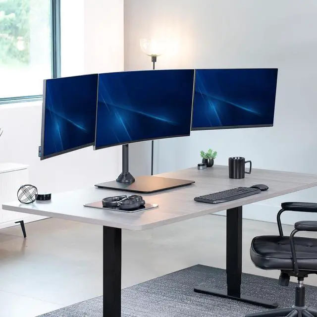 Alt view image 2 of 6 - Premium Freestanding Triple Monitor Desk Mount for 3 Screens up to 22 lbs, Fits up to 38 inch Ultrawides on Center Bracket, Adjustable Telescoping Arms, Flush Wall Setup, Black, STAND-TS03F