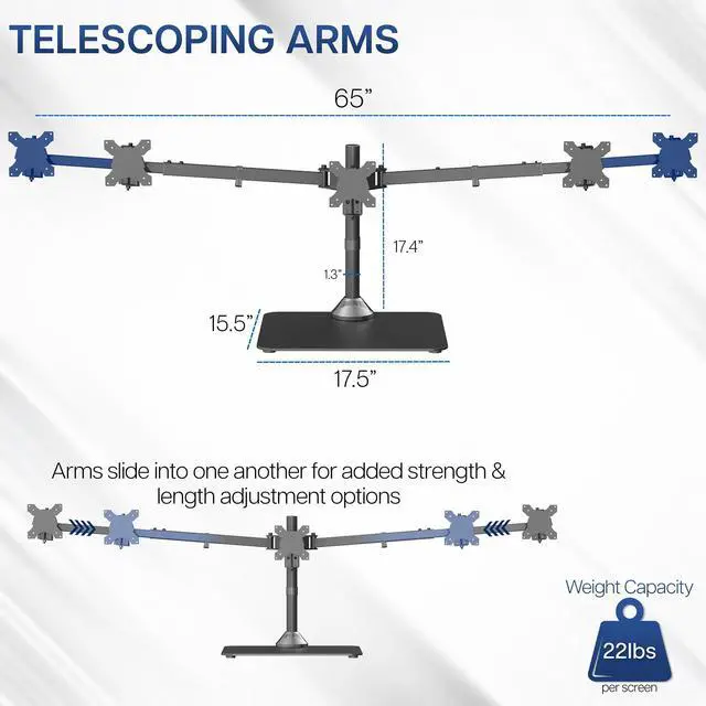 Alt view image 3 of 6 - Premium Freestanding Triple Monitor Desk Mount for 3 Screens up to 22 lbs, Fits up to 38 inch Ultrawides on Center Bracket, Adjustable Telescoping Arms, Flush Wall Setup, Black, STAND-TS03F
