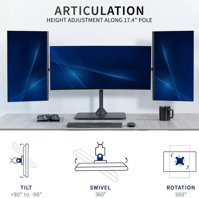 Alt view image 5 of 6 - Premium Freestanding Triple Monitor Desk Mount for 3 Screens up to 22 lbs, Fits up to 38 inch Ultrawides on Center Bracket, Adjustable Telescoping Arms, Flush Wall Setup, Black, STAND-TS03F