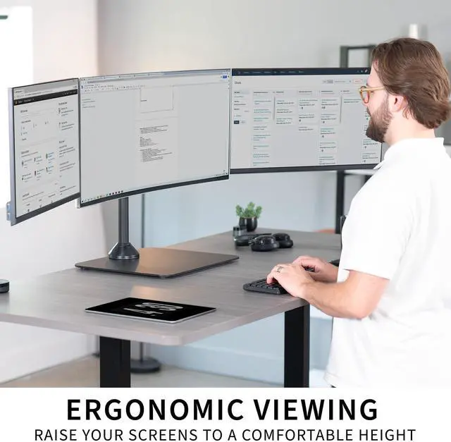 Alt view image 6 of 6 - Premium Freestanding Triple Monitor Desk Mount for 3 Screens up to 22 lbs, Fits up to 38 inch Ultrawides on Center Bracket, Adjustable Telescoping Arms, Flush Wall Setup, Black, STAND-TS03F