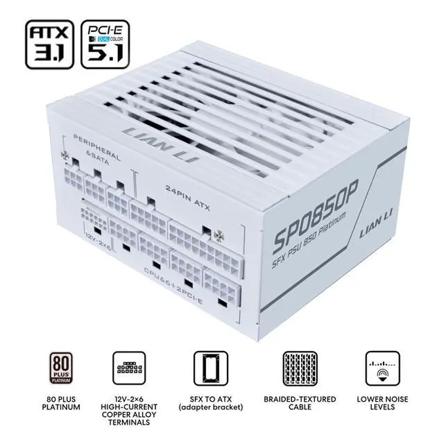 Alt view image 2 of 6 - SP0850P Platinum 850W SFX Form Factor Power Supply with 12V-2x6 Connectors - ATX 3.1 & PCIE 5.1 Compliant - Low-Noise - Fully Modular - 105°C Capacitors White (SP0850P.W)