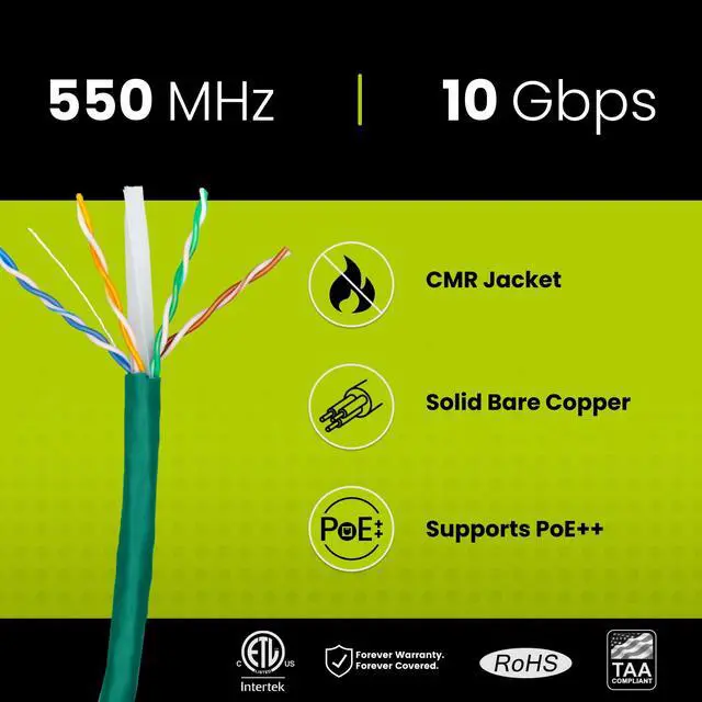Alt view image 2 of 6 - trueCABLE Cat6 Riser (CMR), 500ft, Green, 23AWG 4 Pair Solid Bare Copper, 550MHz, PoE++ (4PPoE), ETL Listed, Unshielded Twisted Pair (UTP), Bulk Ethernet Cable