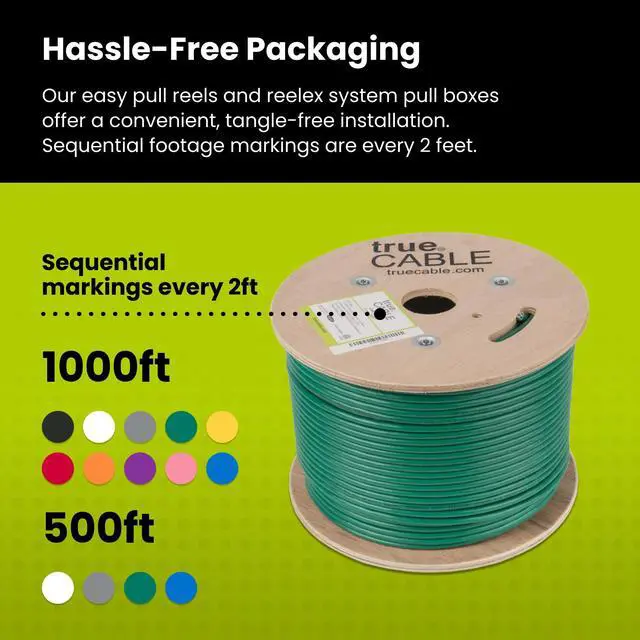 Alt view image 5 of 6 - trueCABLE Cat6 Riser (CMR), 500ft, Green, 23AWG 4 Pair Solid Bare Copper, 550MHz, PoE++ (4PPoE), ETL Listed, Unshielded Twisted Pair (UTP), Bulk Ethernet Cable