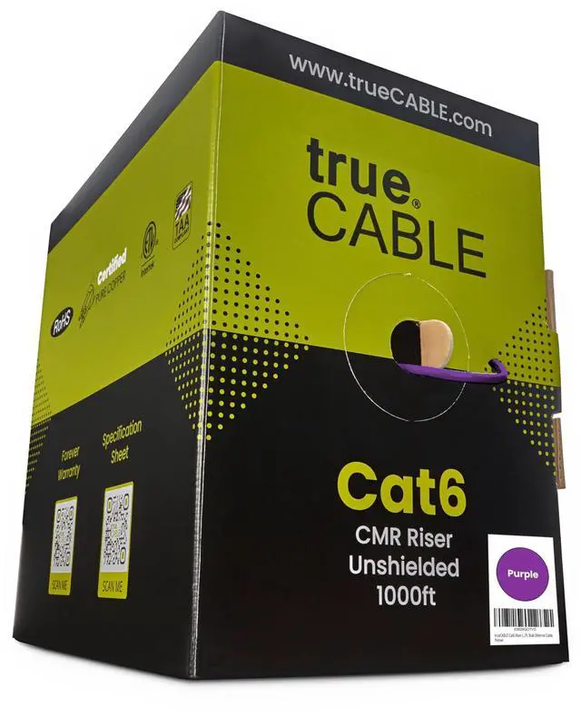 Main image of trueCABLE Cat6 Riser (CMR), 1000ft, Purple, 23AWG 4 Pair Solid Bare Copper, 550MHz, PoE++ (4PPoE), ETL Listed, Unshielded Twisted Pair (UTP), Bulk Ethernet Cable