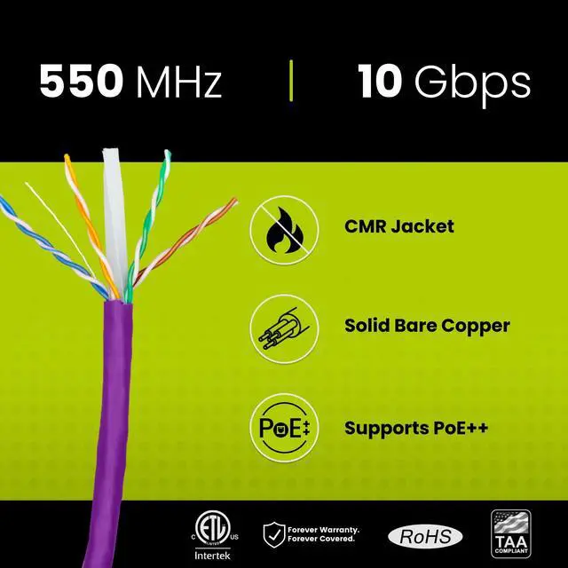 Alt view image 2 of 6 - trueCABLE Cat6 Riser (CMR), 1000ft, Purple, 23AWG 4 Pair Solid Bare Copper, 550MHz, PoE++ (4PPoE), ETL Listed, Unshielded Twisted Pair (UTP), Bulk Ethernet Cable