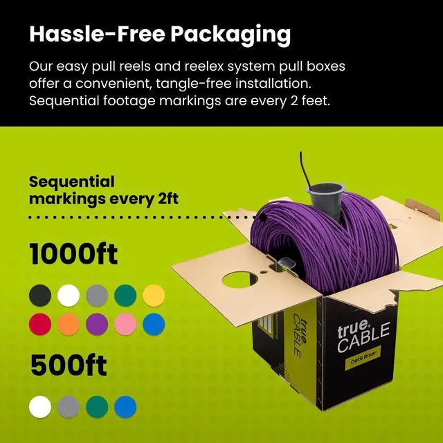 Alt view image 5 of 6 - trueCABLE Cat6 Riser (CMR), 1000ft, Purple, 23AWG 4 Pair Solid Bare Copper, 550MHz, PoE++ (4PPoE), ETL Listed, Unshielded Twisted Pair (UTP), Bulk Ethernet Cable
