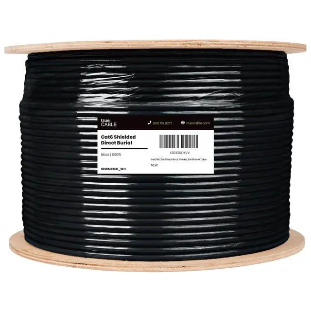 Alt view image 2 of 6 - Cat6 Direct Burial Bulk Ethernet Cable, Shielded F/UTP, 1000ft, Black, 23AWG Solid Bare Copper, Heavy Duty Outdoor OSP Jacket, Waterproof, UV Resistant, 550MHz, PoE++ 100W (4PPoE)