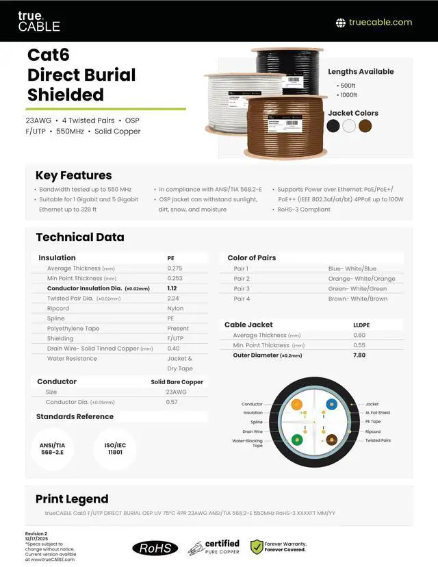Alt view image 6 of 6 - Cat6 Direct Burial Bulk Ethernet Cable, Shielded F/UTP, 1000ft, Black, 23AWG Solid Bare Copper, Heavy Duty Outdoor OSP Jacket, Waterproof, UV Resistant, 550MHz, PoE++ 100W (4PPoE)