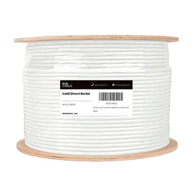 Alt view image 2 of 6 - Cat6 Direct Burial Bulk Ethernet Cable, Unshielded, 1000ft, White, 23AWG Solid Bare Copper, Outdoor OSP Jacket, Waterproof, UV Resistant, 550MHz, PoE++ 100W (4PPoE)