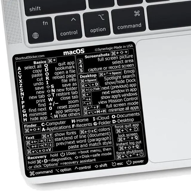 Main image of (100pcs) Mac OS Shortcuts Sticker for Air/Pro | Keyboard Stickers for macOS | Laminated Vinyl MacBook Cheatsheet | MacBook Shortcuts 2026 (Black/100pk)