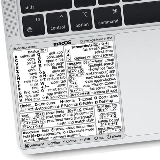 Main image of (100pcs) Mac OS Shortcuts Sticker for Air/Pro | Keyboard Stickers for macOS | Laminated Vinyl MacBook Cheatsheet | MacBook Shortcuts 2026 (White/100pk)