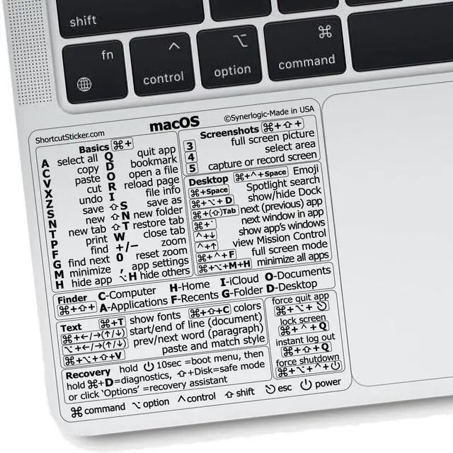 Main image of (100pcs) Mac OS Shortcuts Sticker for Air/Pro | Keyboard Stickers for macOS | Laminated Vinyl MacBook Cheatsheet | MacBook Shortcuts 2026 (Clear/Black/100pk)