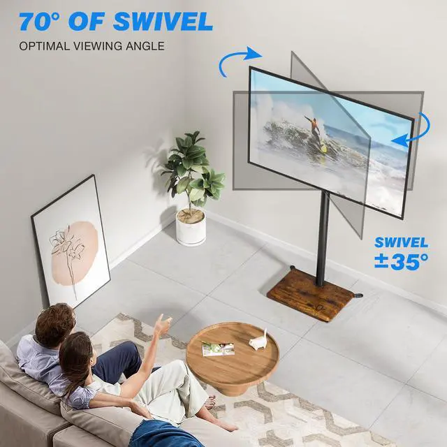 Alt view image 2 of 4 - Swivel Floor TV Stand with Mount for 32-65 inch TVs up to 88 lbs, Height Adjustable Tall TV Stand with Wood Base, Saving Space Design for Bedroom, Living Room and Corner,Rustic Brown
