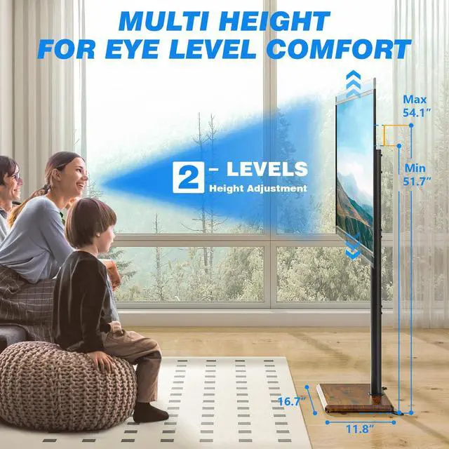 Alt view image 3 of 4 - Swivel Floor TV Stand with Mount for 32-65 inch TVs up to 88 lbs, Height Adjustable Tall TV Stand with Wood Base, Saving Space Design for Bedroom, Living Room and Corner,Rustic Brown