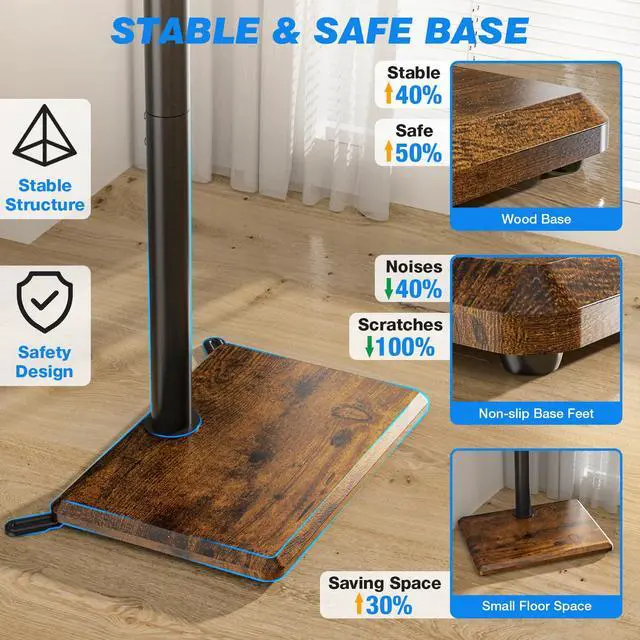 Alt view image 4 of 4 - Swivel Floor TV Stand with Mount for 32-65 inch TVs up to 88 lbs, Height Adjustable Tall TV Stand with Wood Base, Saving Space Design for Bedroom, Living Room and Corner,Rustic Brown