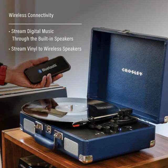 Alt view image 3 of 4 - CR8005F-IB Cruiser Plus Vintage 3-Speed Bluetooth in/Out Suitcase Vinyl Record Player Turntable with Built-in Speakers, Ink Blue
