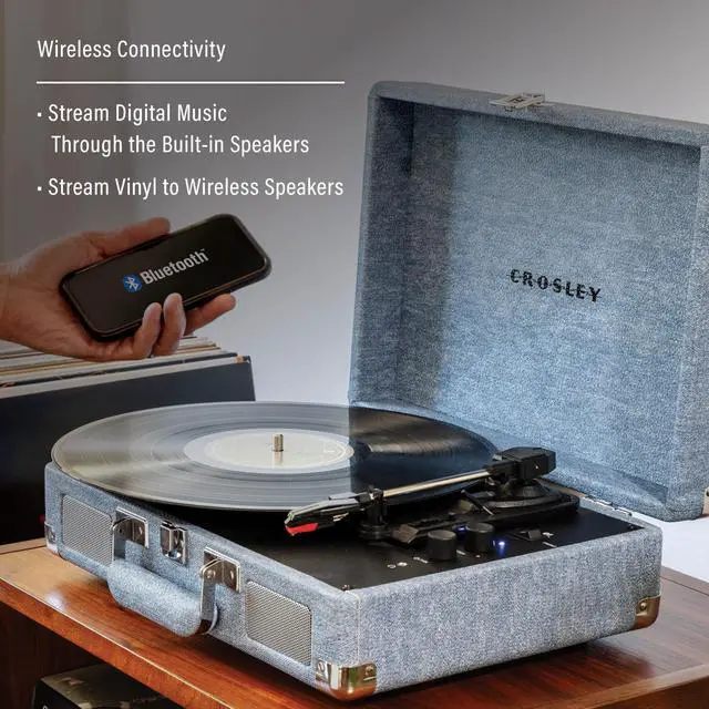 Alt view image 3 of 4 - CR8005F-WD Cruiser Plus Vintage 3-Speed Bluetooth in/Out Suitcase Vinyl Record Player Turntable with Built-in Speakers, Washed Denim