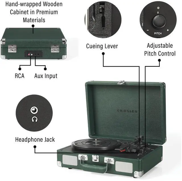 Alt view image 3 of 4 - CR8005F-EM Cruiser Plus Vintage 3-Speed Bluetooth in/Out Suitcase Vinyl Record Player Turntable, Dark Emerald