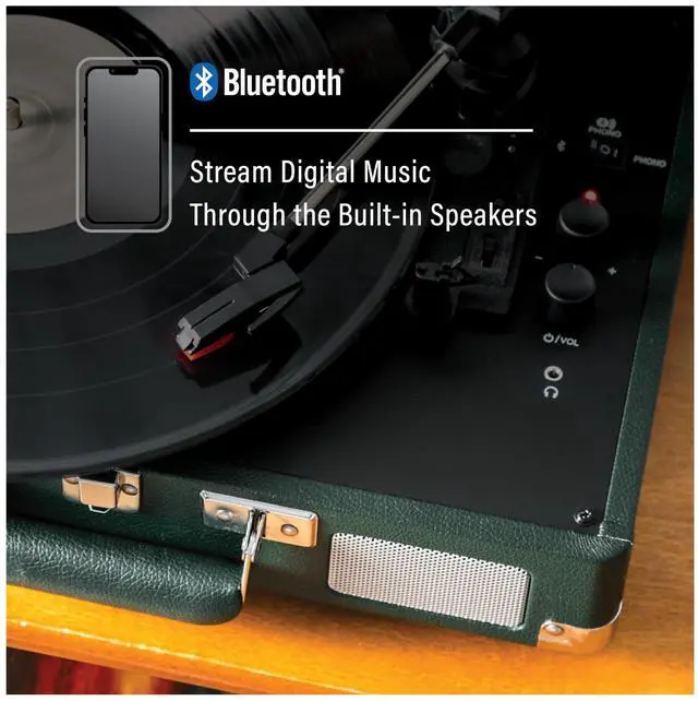Alt view image 4 of 4 - CR8005F-EM Cruiser Plus Vintage 3-Speed Bluetooth in/Out Suitcase Vinyl Record Player Turntable, Dark Emerald