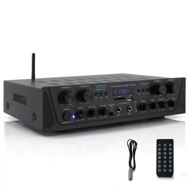 Main image of 4-Channel Audio Amplifier with Bluetooth - Home Stereo Receiver w/ 500W Max Power - Commercial or Karaoke - Dual Mic Input with Echo, Vol, Talk-Over - AUX In - Sub Out - USB-A MP3 Player, AM/FM