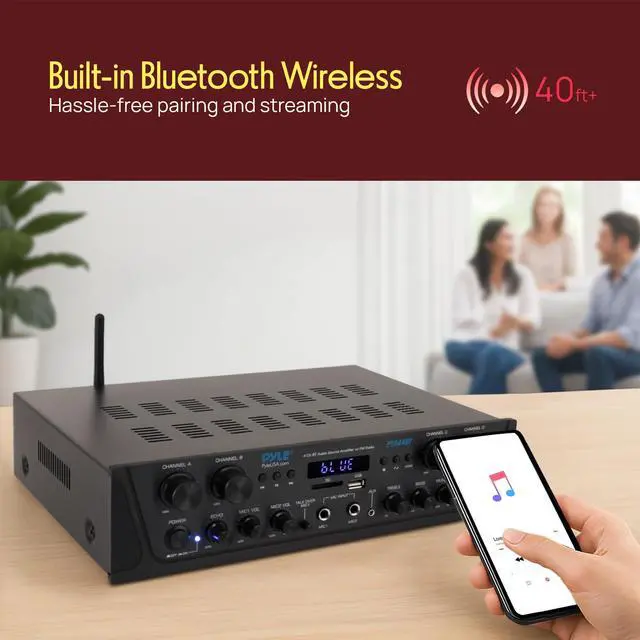Alt view image 3 of 4 - 4-Channel Audio Amplifier with Bluetooth - Home Stereo Receiver w/ 500W Max Power - Commercial or Karaoke - Dual Mic Input with Echo, Vol, Talk-Over - AUX In - Sub Out - USB-A MP3 Player, AM/FM