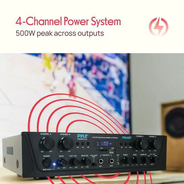 Alt view image 4 of 4 - 4-Channel Audio Amplifier with Bluetooth - Home Stereo Receiver w/ 500W Max Power - Commercial or Karaoke - Dual Mic Input with Echo, Vol, Talk-Over - AUX In - Sub Out - USB-A MP3 Player, AM/FM