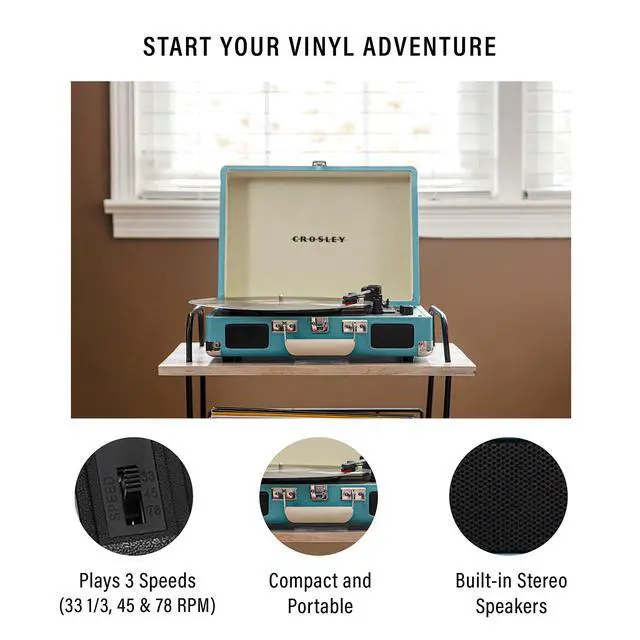 Alt view image 2 of 4 - CR8005F-TU Cruiser Plus Vintage 3-Speed Bluetooth in/Out Suitcase Vinyl Record Player Turntable, Turquoise/White