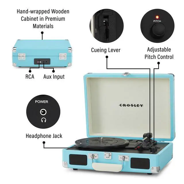 Alt view image 3 of 4 - CR8005F-TU Cruiser Plus Vintage 3-Speed Bluetooth in/Out Suitcase Vinyl Record Player Turntable, Turquoise/White